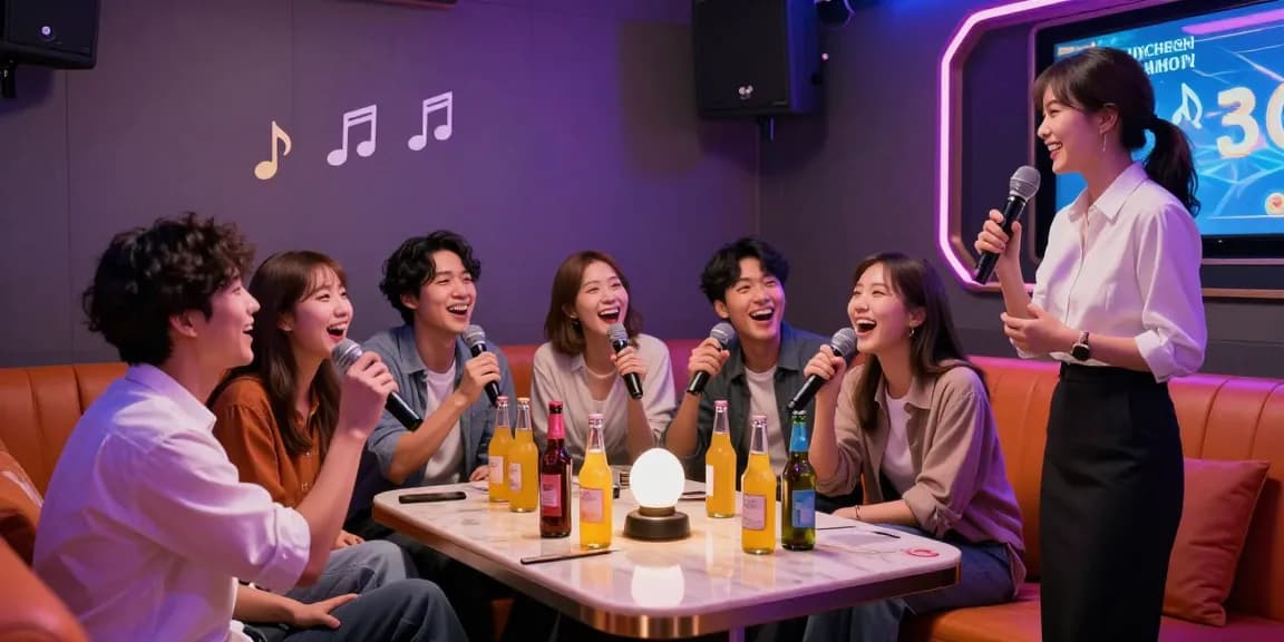 Experience vibrant nightlife at www.3no.org with a lively karaoke scene in Incheon, showcasing friends enjoying drinks and singing.