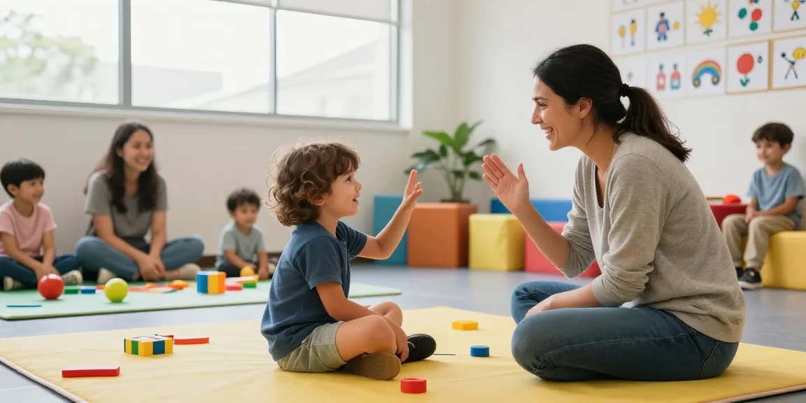 child engaged in speech therapy for kids sydney with therapist in a colorful room