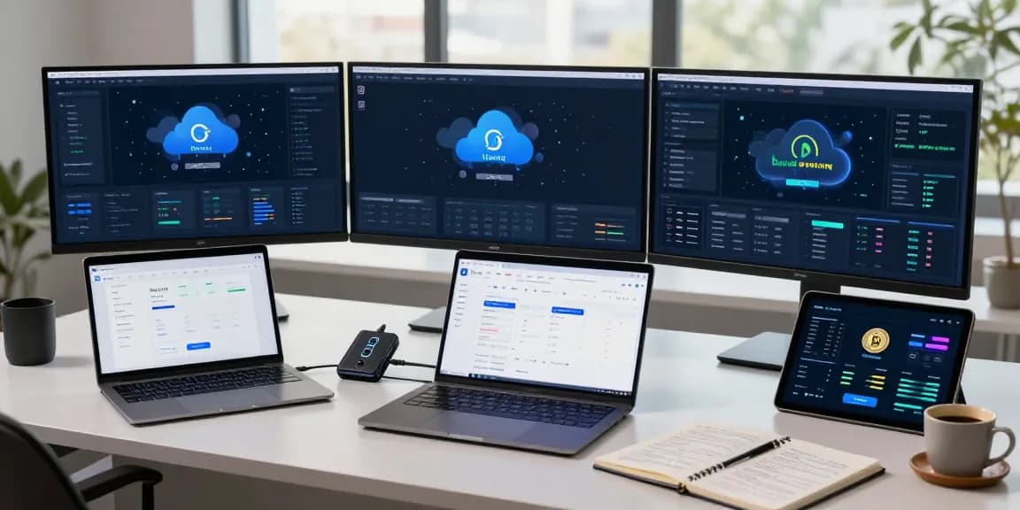 Trusted cloud mining company analytics on professional cryptocurrency trading setup with multiple screens and a high-tech hardware wallet.