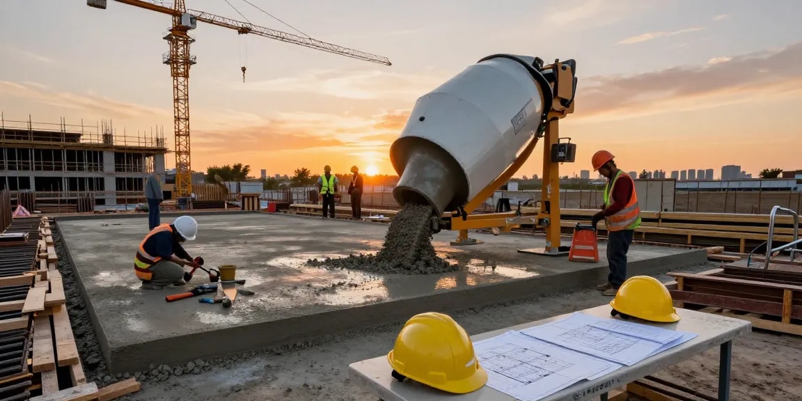 NAGA2000 concrete mixer used by workers on a bustling construction site.