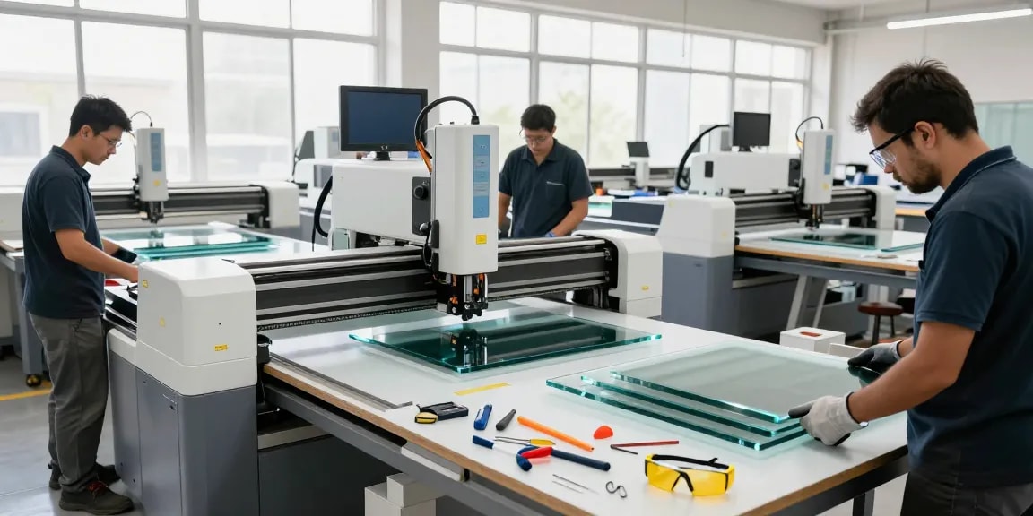 Cutting machine glass operations in a professional workshop with skilled technicians and modern equipment.