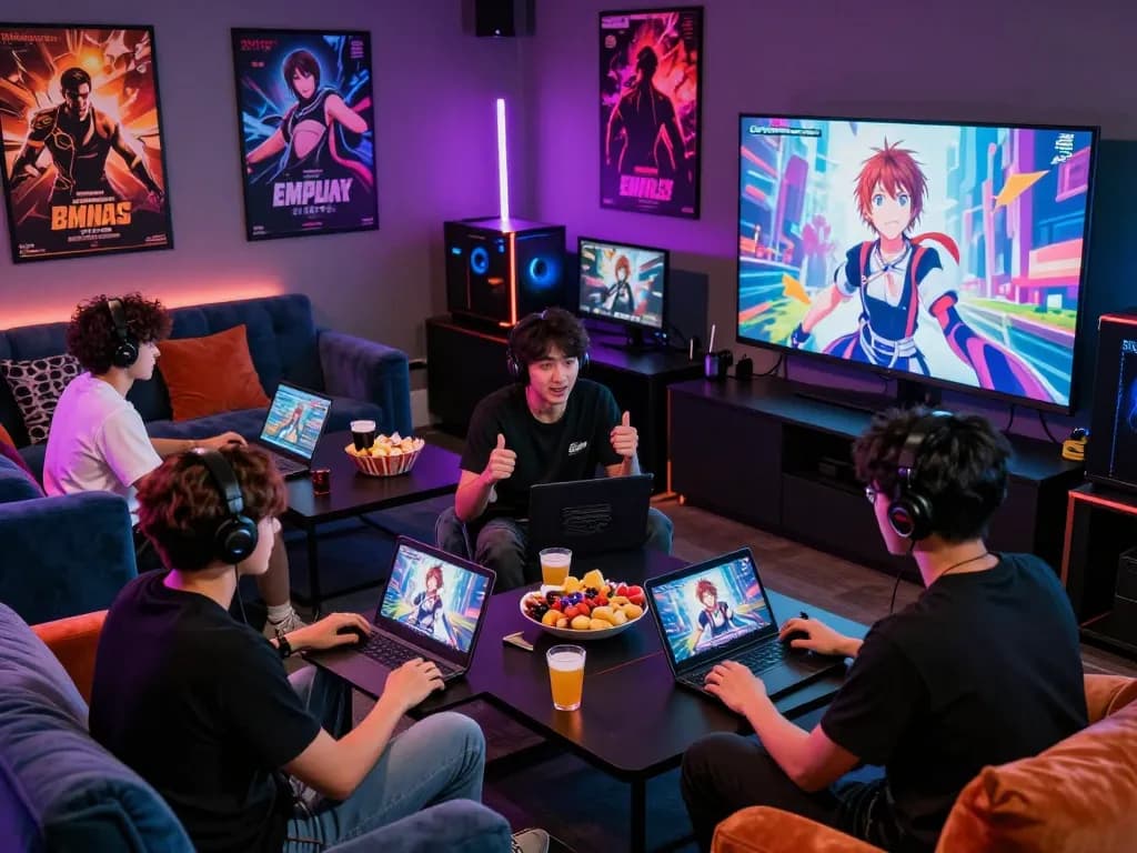 Exciting gamers enjoying porn games online in a vibrant lounge setting.