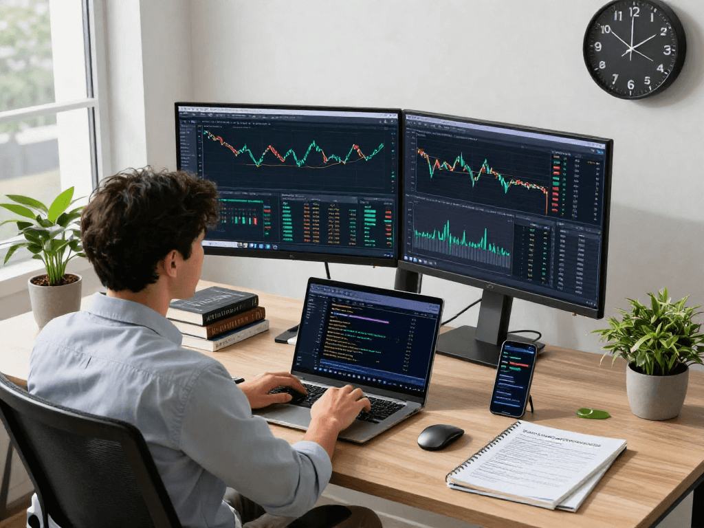 Trader using metatrader 5 on multiple screens in a modern office space.