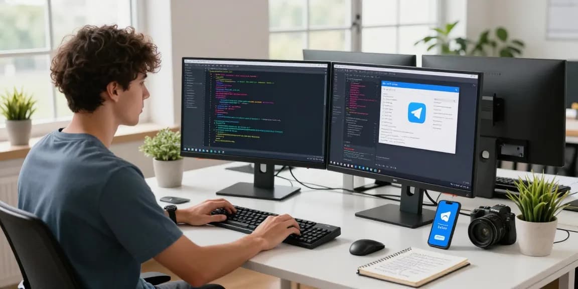 Developer coding on dual monitors showcasing 纸飞机中文版 app in modern workspace.