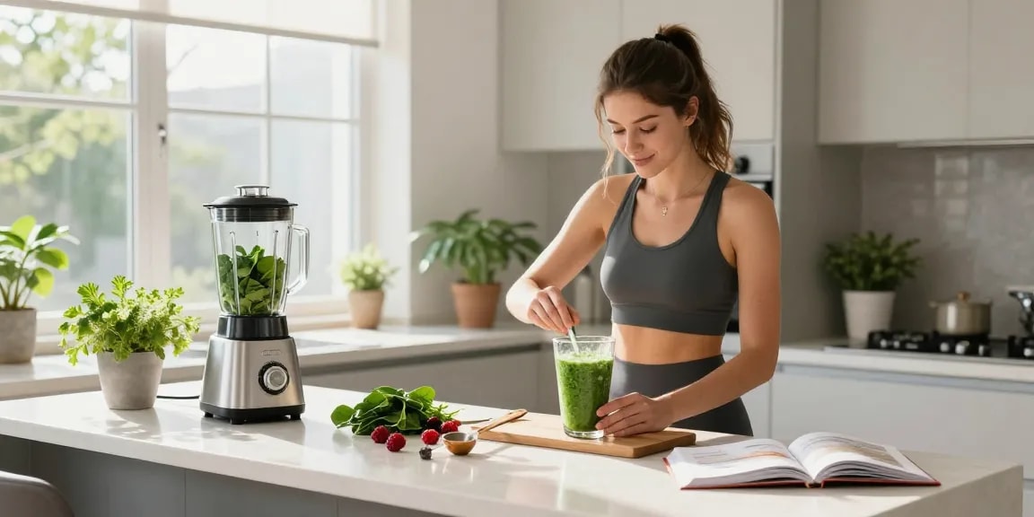 Young woman preparing an antioxidant supplement Canada smoothie in a bright modern kitchen.