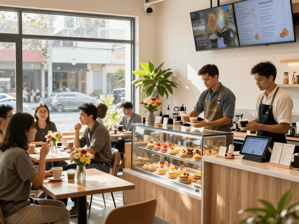 Customers engaging with loyalty software at a cafe for rewards and promotions.