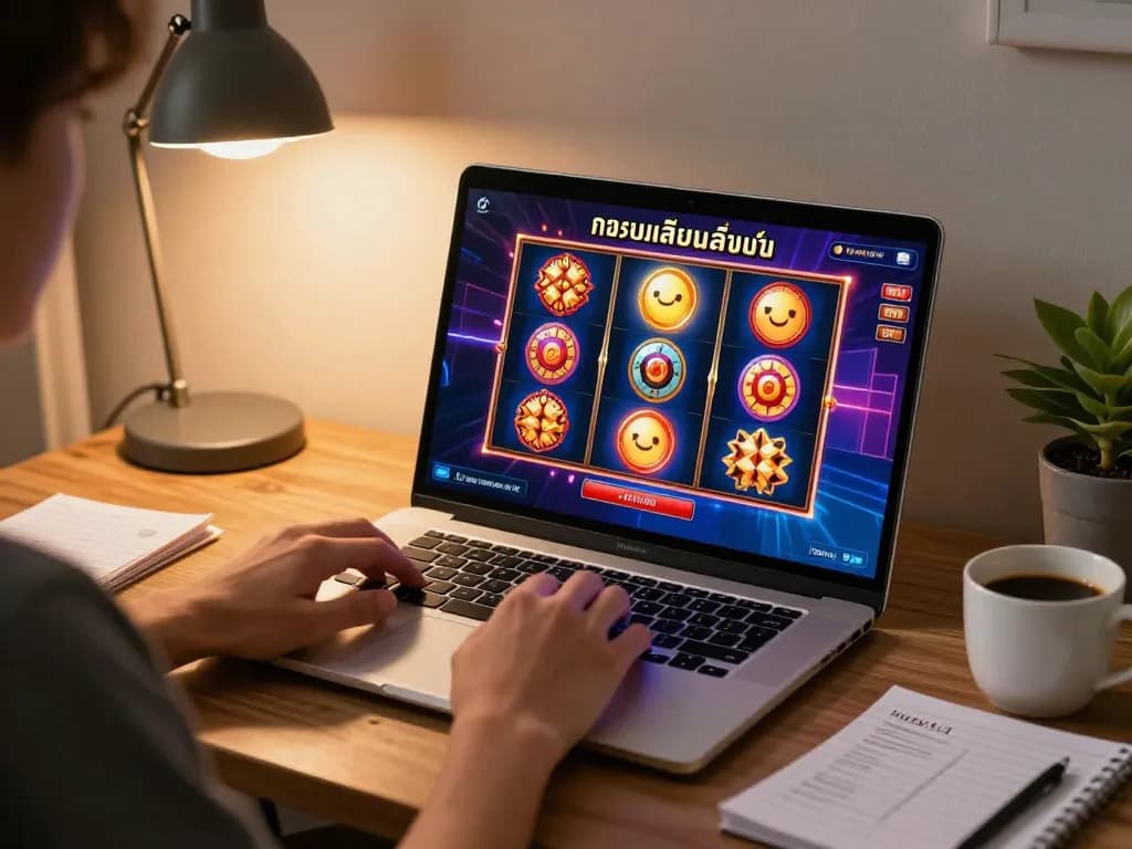 Engaged player enjoying ทดลองเล่นสล็อต on a laptop at home, showcasing vibrant game interface and cozy setup.