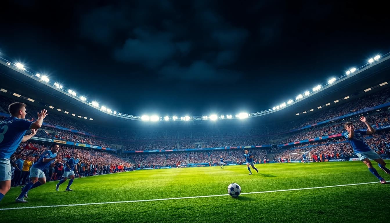 Experience intense moments of ผลบอลยูฟ่าแชมป์เปียนลีก in a vibrant soccer match atmosphere.