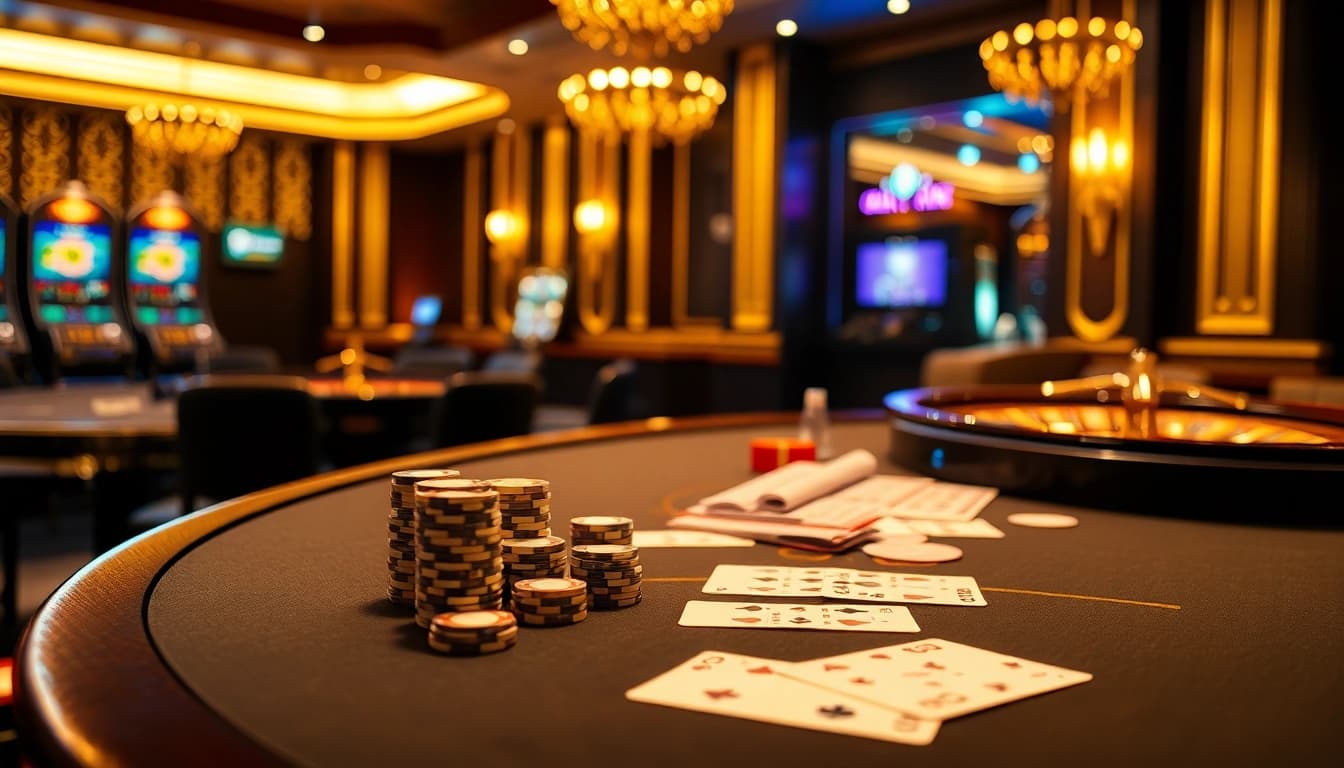 L'atmosphère vibrante d'un casino en ligne français avec des tables de poker, des roues de roulette et des machines à sous, attirant les joueurs.