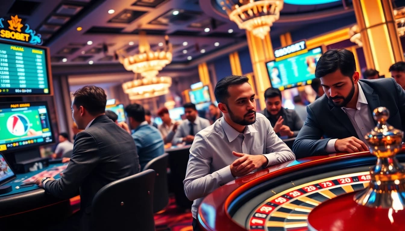 Sbobet sports betting interface showcasing vibrant casino elements and engaging players in action.
