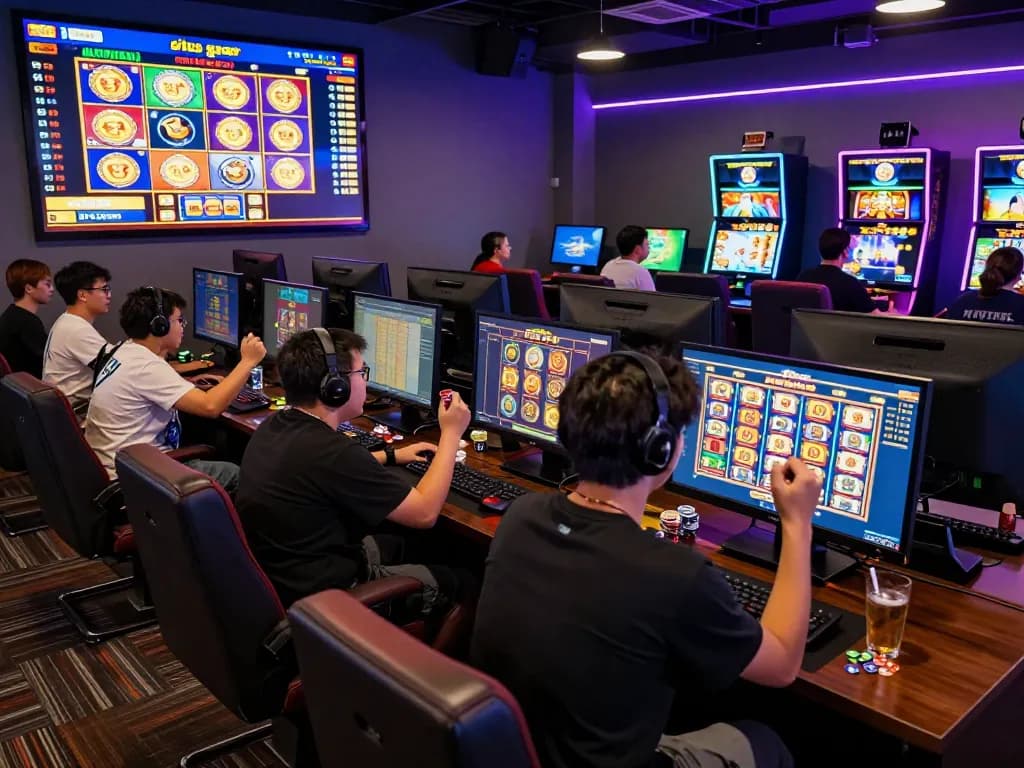 Pemain yang terlibat dalam permainan situs gacor di lingkungan kasino online yang semarak, menampilkan kegembiraan dan komunitas.
