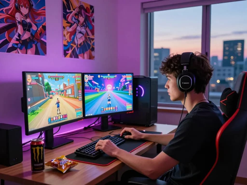 Immersive gaming scene featuring a young man engrossed in a hentai game on a colorful computer screen in an urban apartment.