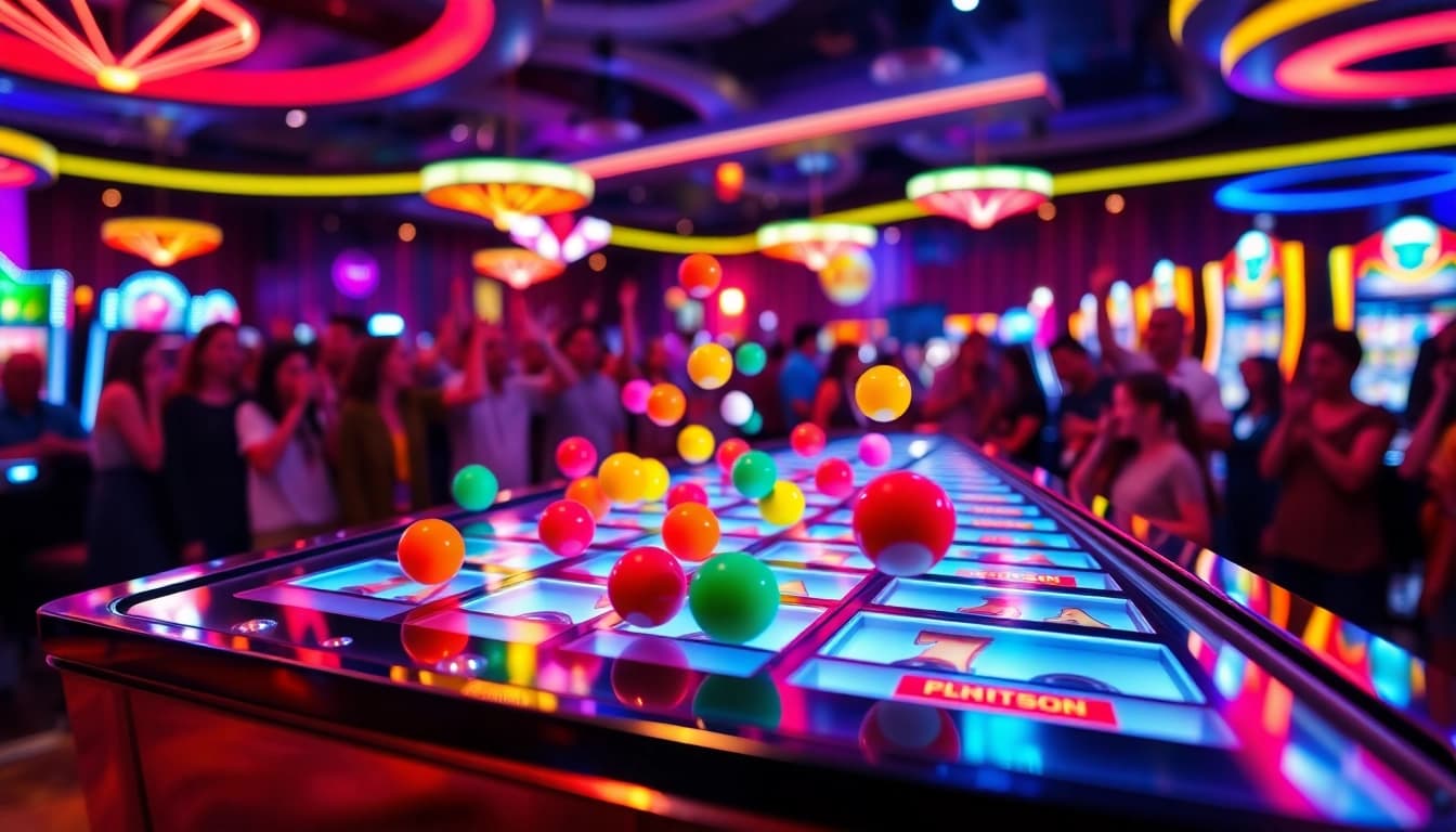 Nikmati permainan slot plinko dengan papan plinko berwarna-warni di tengah suasana kasino yang meriah.
