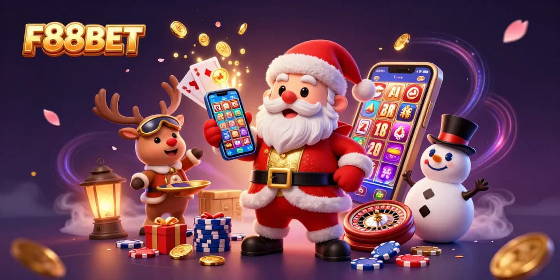 Experience the joy of winning at F88BET with festive characters and dynamic casino elements.