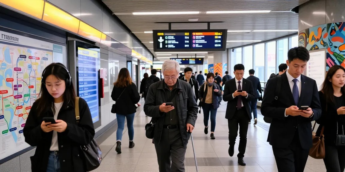 Live urban subway station showcasing real-time line schedule displays and dynamic commuter activity.
