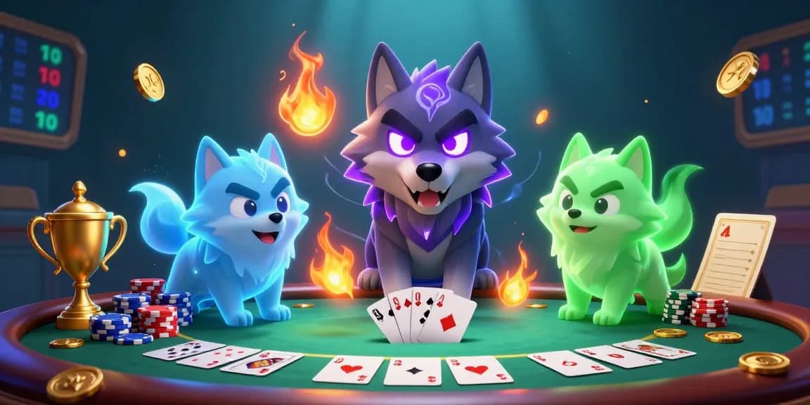 オンラインポーカーを楽しむ3Dイラスト。ポーカーテーブルに座り、チップやカードと共に競い合うキャラクターたちの姿。
