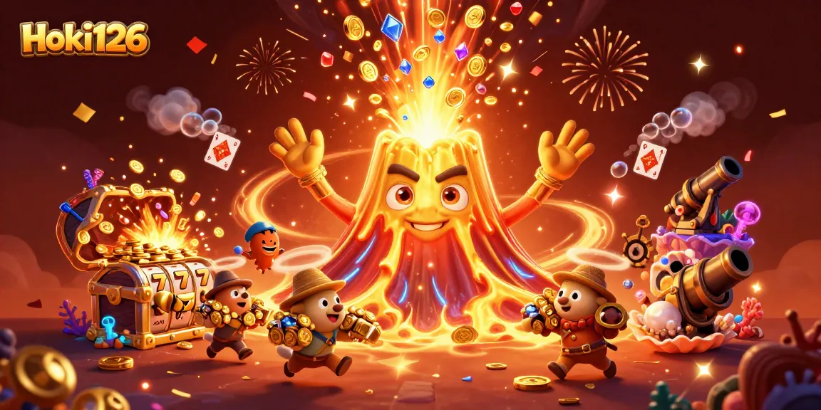 Experience Hoki126's thrilling slot adventure with a golden volcano and treasure-filled underwater scene.