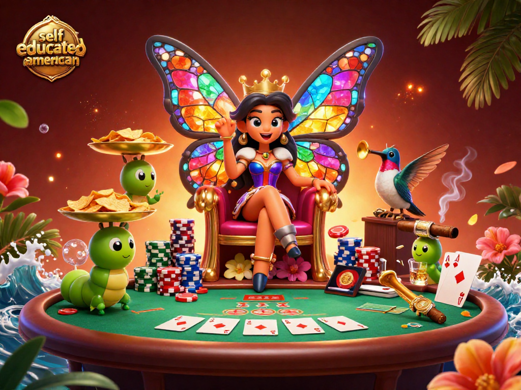Experience the vibrant world of selfeducatedamerican with a lavish casino scene featuring a butterfly queen.