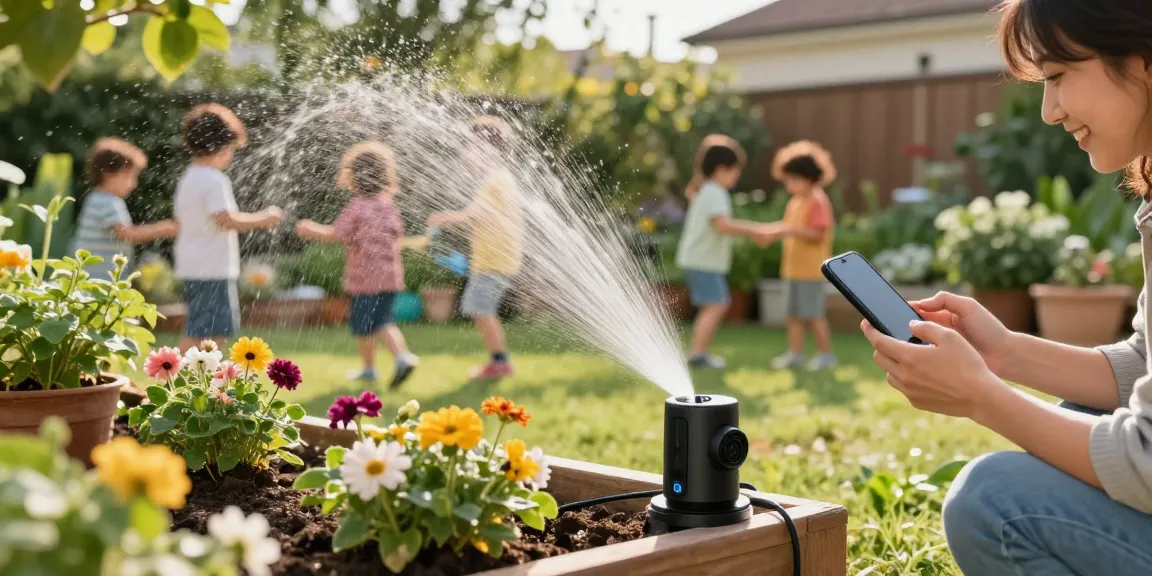 Efficiently using a smart sprinkler for garden maintenance while children play nearby.