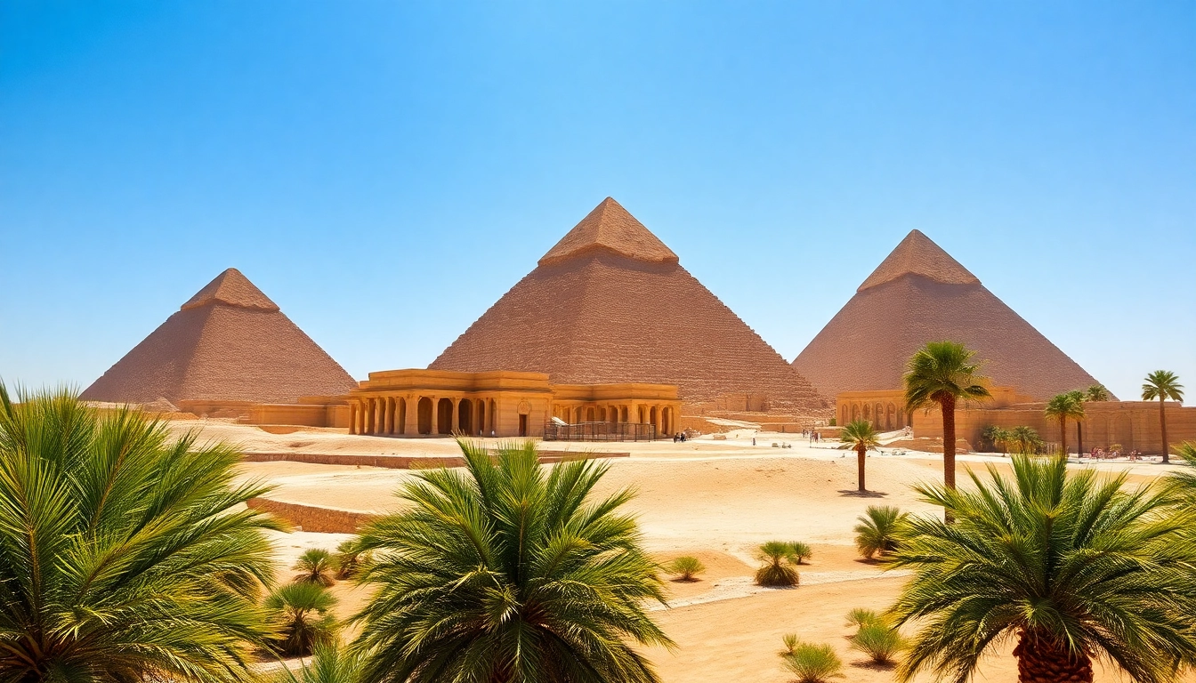Tourists marvel at the ancient piraminds against a bright blue sky in Egypt.