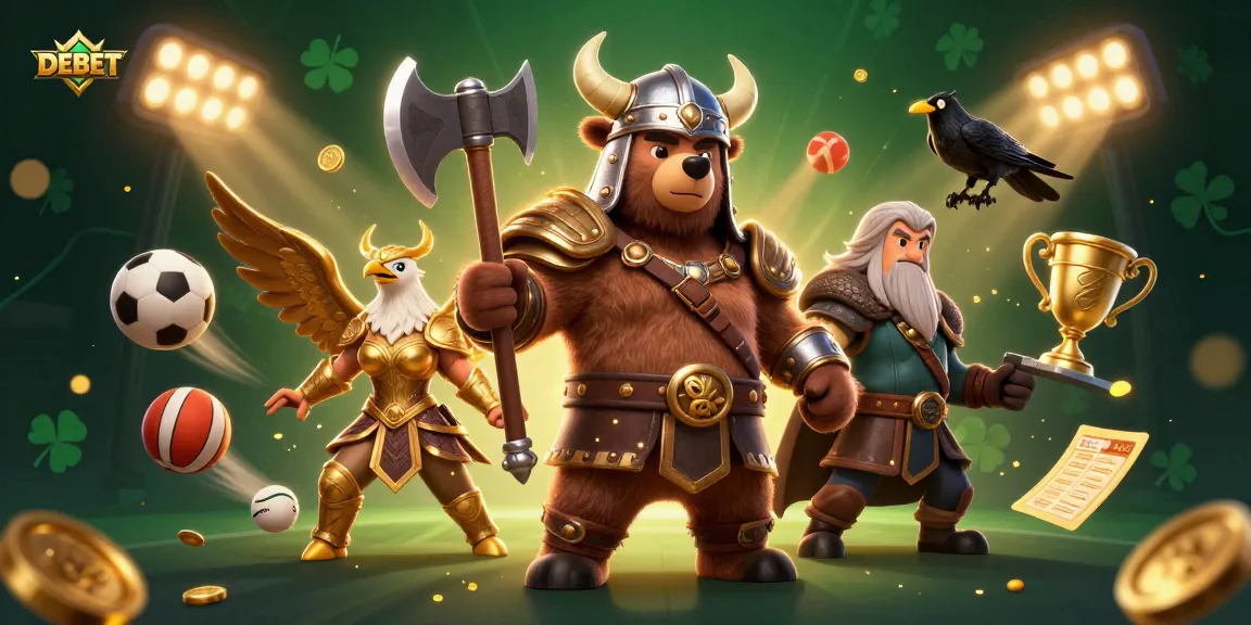 Bet on DEBET selections with a dynamic casino-themed scene showcasing Viking characters and sports elements.