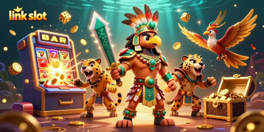 Memenangkan jackpot di permainan link slot dengan ilustrasi karakter Aztec dan slot mesin memukau.