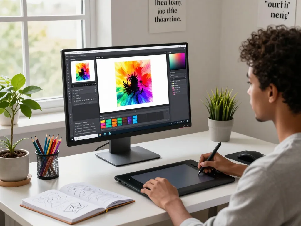 Artist using the nano banana 2 AI image editor in a modern workspace, showcasing creativity and innovation.