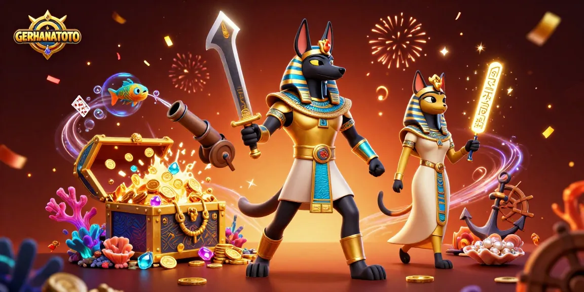 GERHANATOTO memberikan pengalaman bermain menarik dengan karakter Anubis dan elemen kasino di latar belakang.
