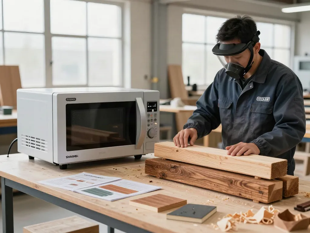 SHASHEL® microwave equipment effectively eliminating wood-boring insects in a modern workshop setting.