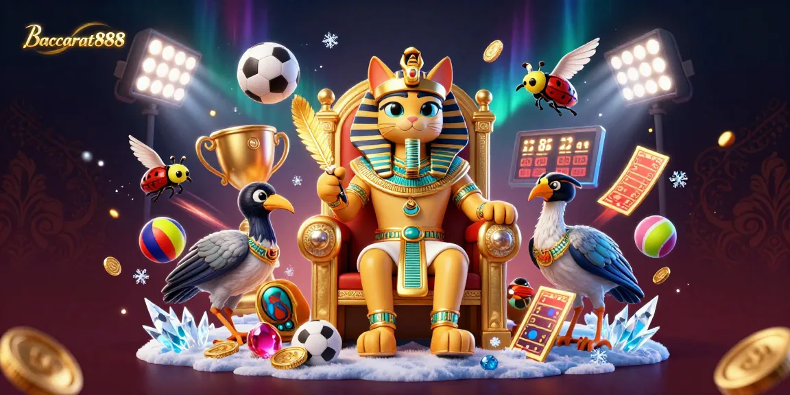 Baccarat888 showcases a vibrant Egyptian-themed casino scene with pharaoh cat and dynamic action elements.