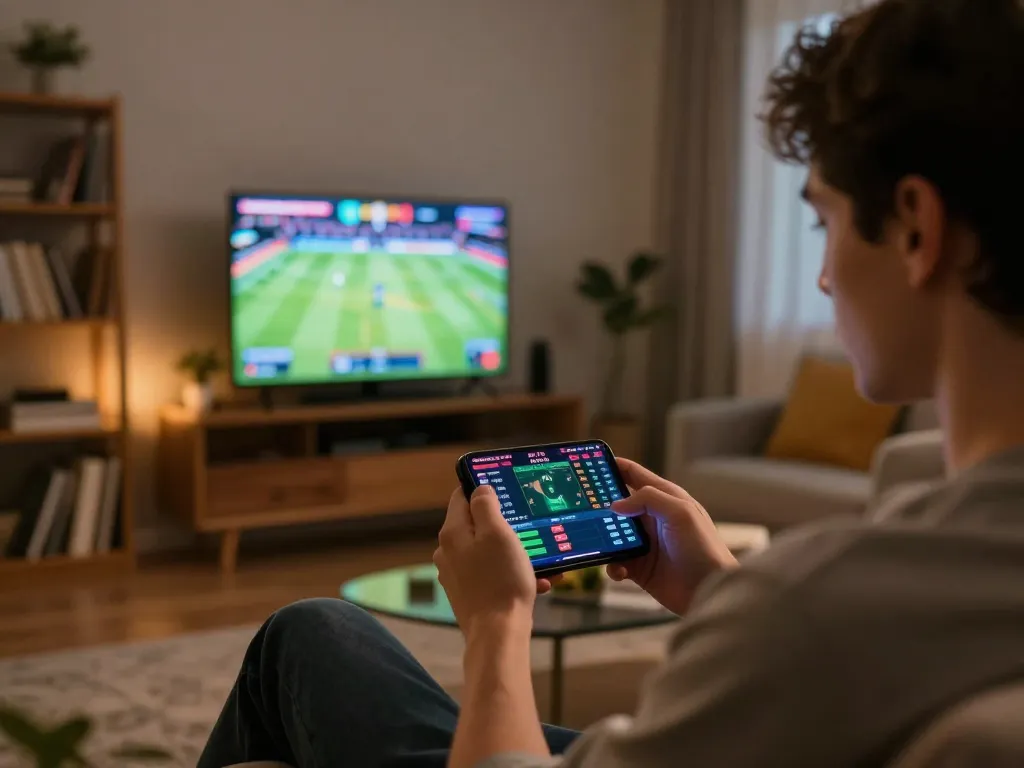 Experience engaging sports betting on 789bet through a smartphone interface in a cozy home setting.