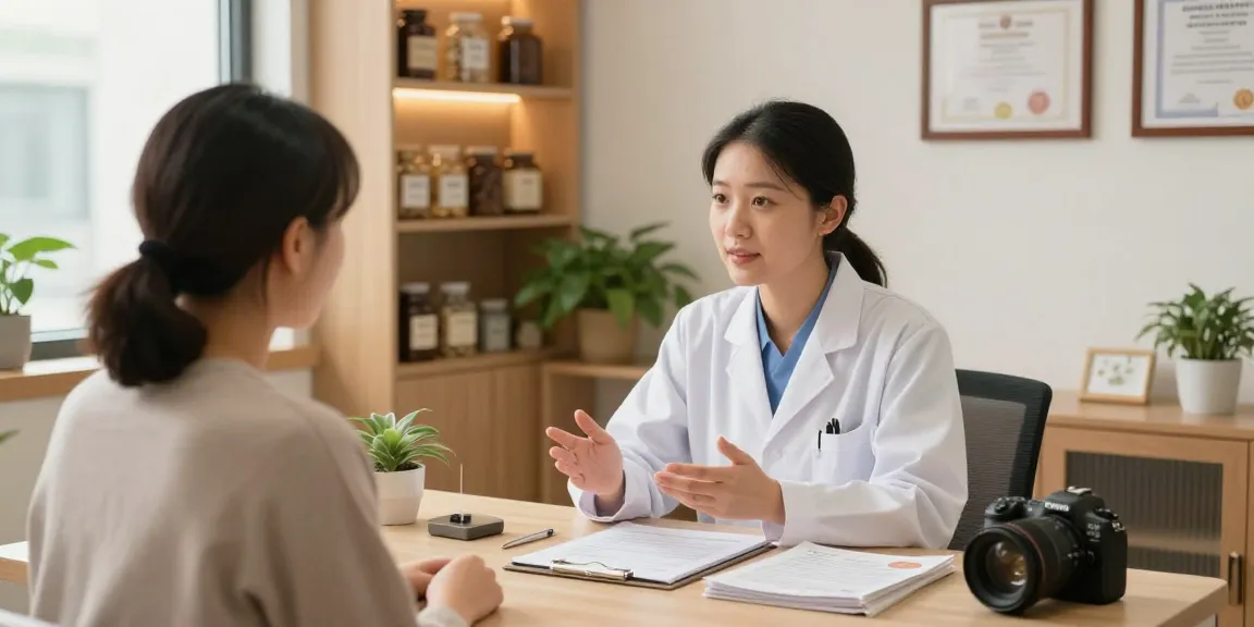 Expert consultation at 수원한의원, highlighting a professional acupuncturist discussing holistic treatments in a calming clinic environment.