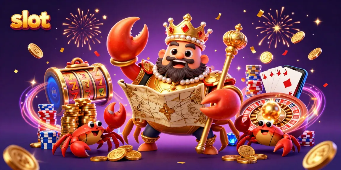 Spin slot reels and grab golden riches with the majestic crab emperor in a vibrant casino setting.