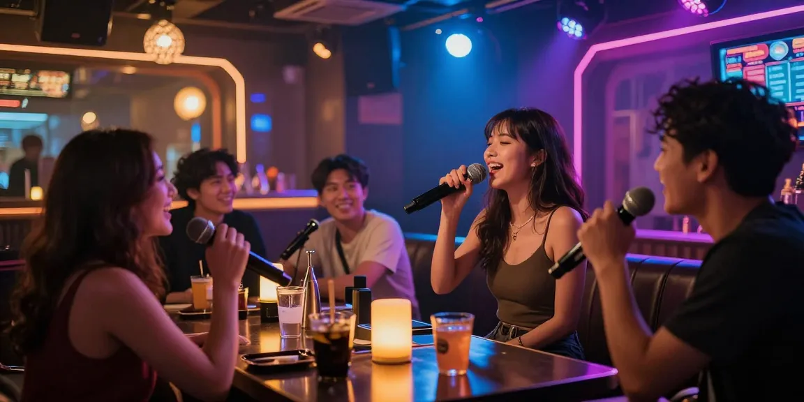 노래방밤알바에서 고객과 소통하며 노래하는 모습, 활기찬 밤의 분위기.