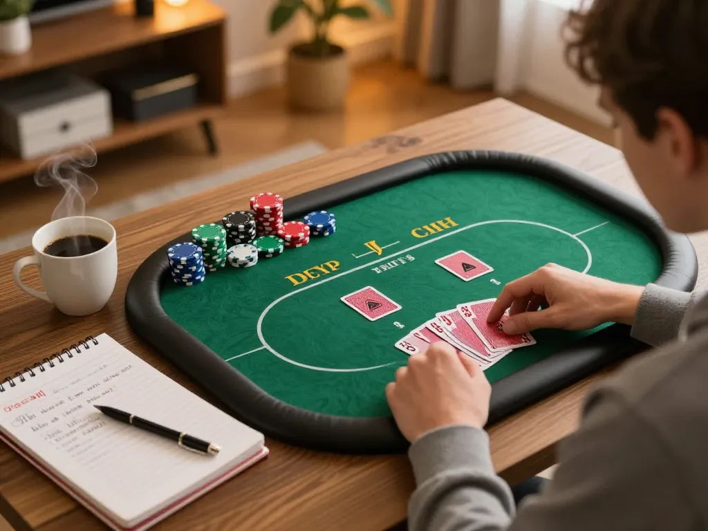 Engaged player strategizing poker on 8kbetbh tablet amidst cozy setting, warm atmosphere