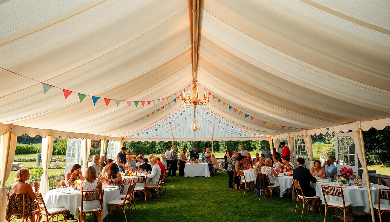 Enjoying Party Tent Rentals in a beautifully decorated outdoor setting with guests and vibrant decor.