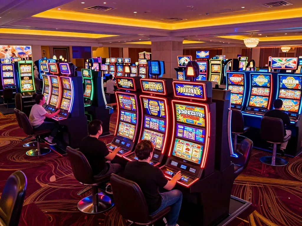 Players enjoying the excitement at situs slot gacor with vibrant machines in a busy Vegas casino.