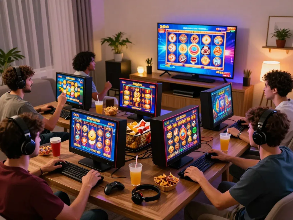Players enjoying their favorite slot games in a cozy living room atmosphere.