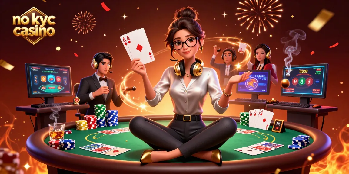 Vivi i brividi di un casinò no kyc con un elegante giocatore asiatico in un setup high-tech, circondato da elementi di poker.