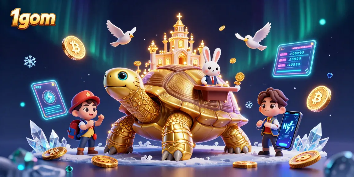 Join the excitement at 1gom with a dynamic scene of a golden tortoise casino and rabbit dealer.