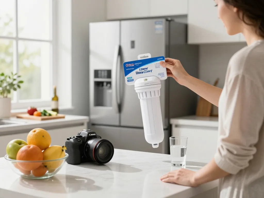 AQUA CREST 644845 Refrigerator Water Filter Replacement for Bosch® Ultra Clarity® 11034152 being inspected in a bright kitchen.