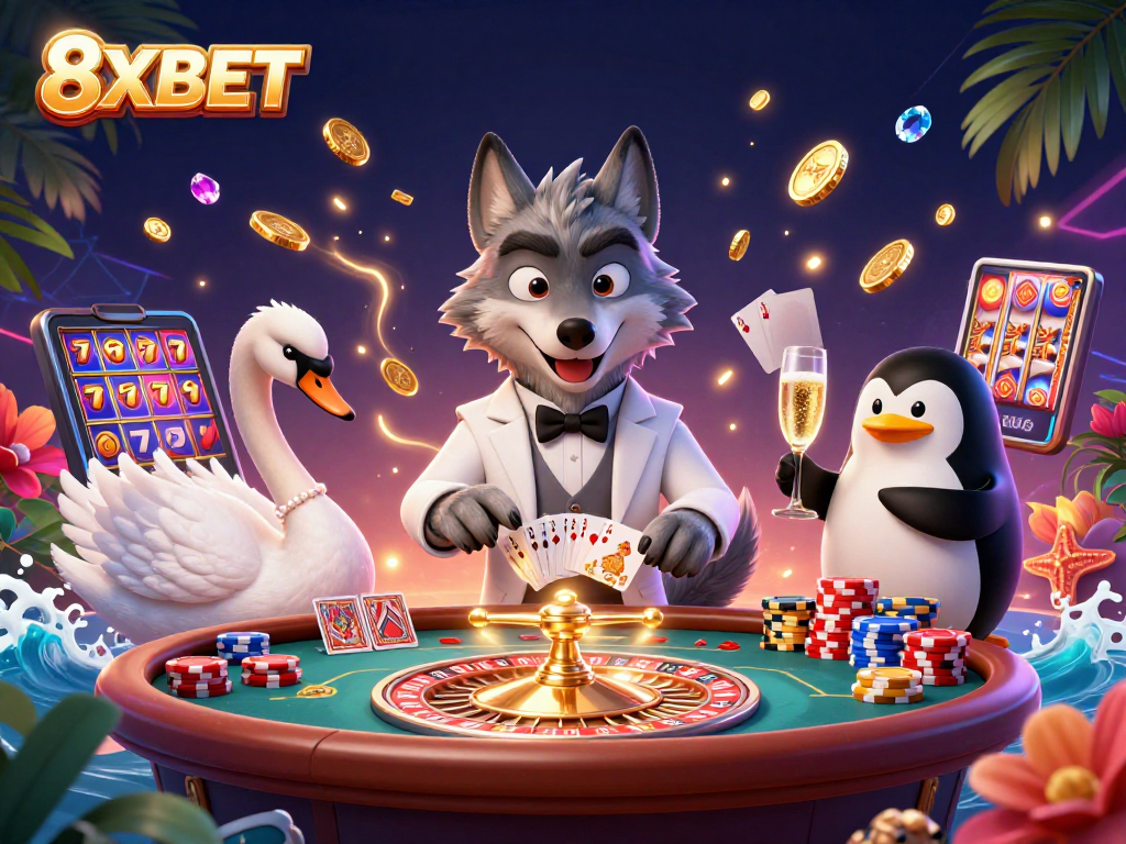 Engage with 8XBET as the debonair wolf, elegant swan, and sophisticated penguin explore the vibrant casino.