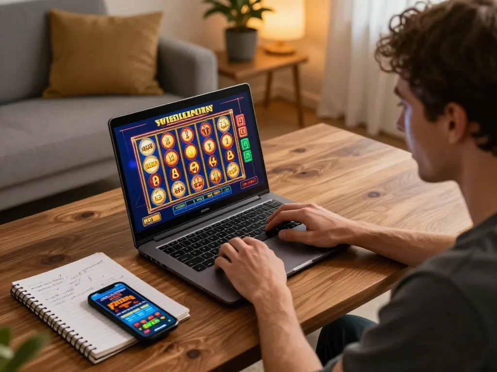 Migliori casino online europei highlighted in an engaging home gaming scene, showcasing online slot gameplay with vibrant visuals and strategic setup.