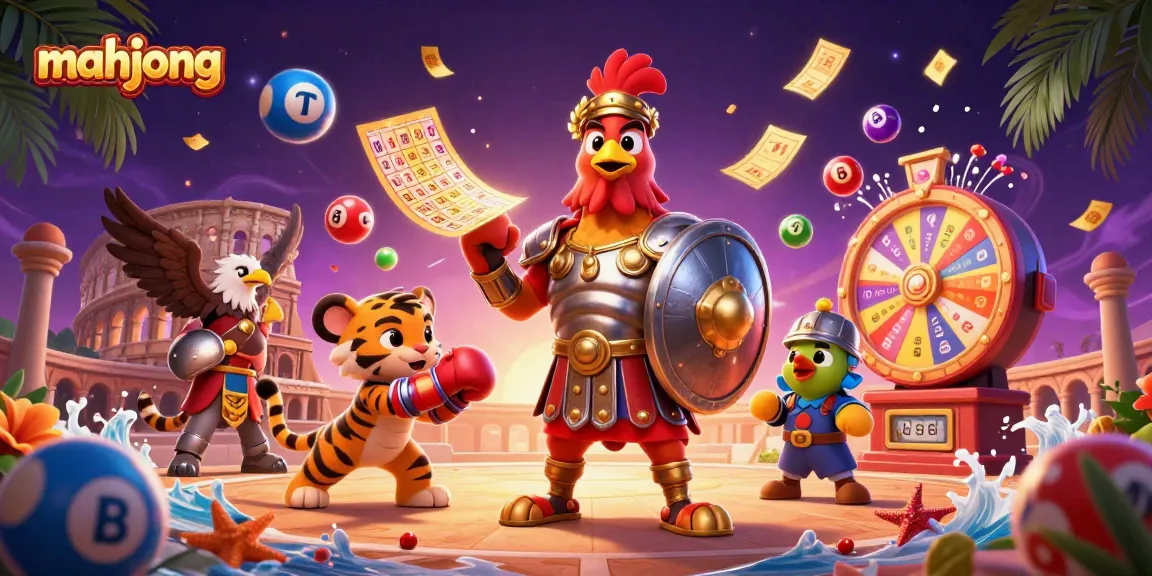 Play mahjong with vibrant casino-themed characters in this dynamic 3D illustration filled with excitement.