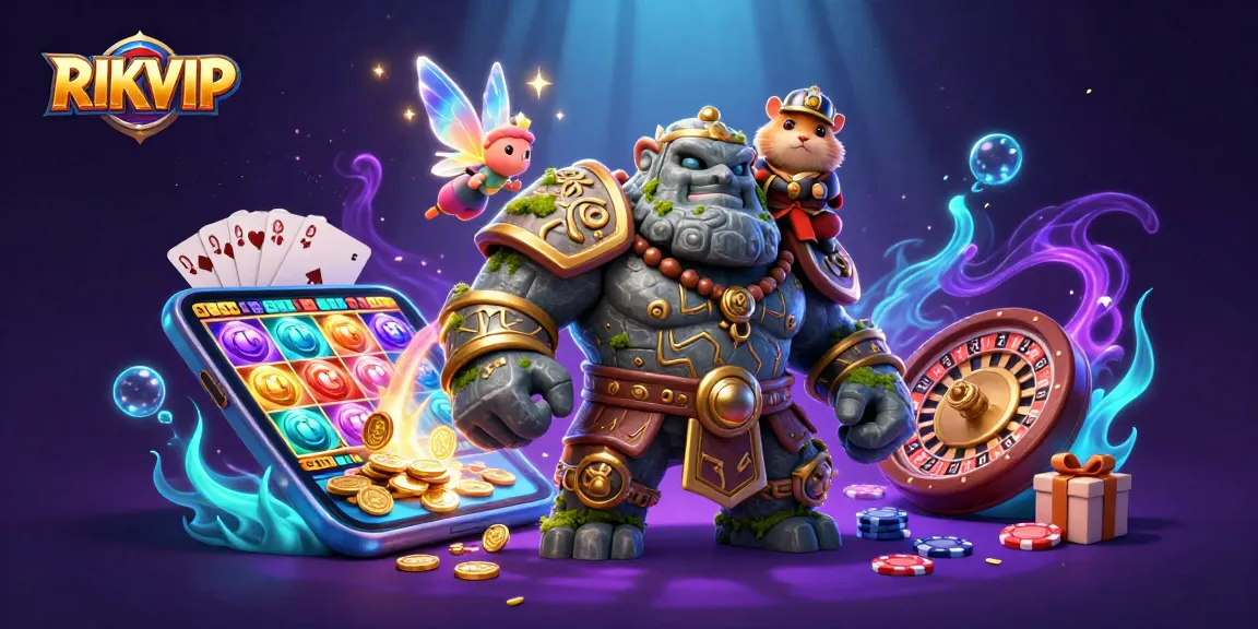 Experience exciting gaming at RIKVIP with a vibrant scene of characters and casino elements sparkling with magic.
