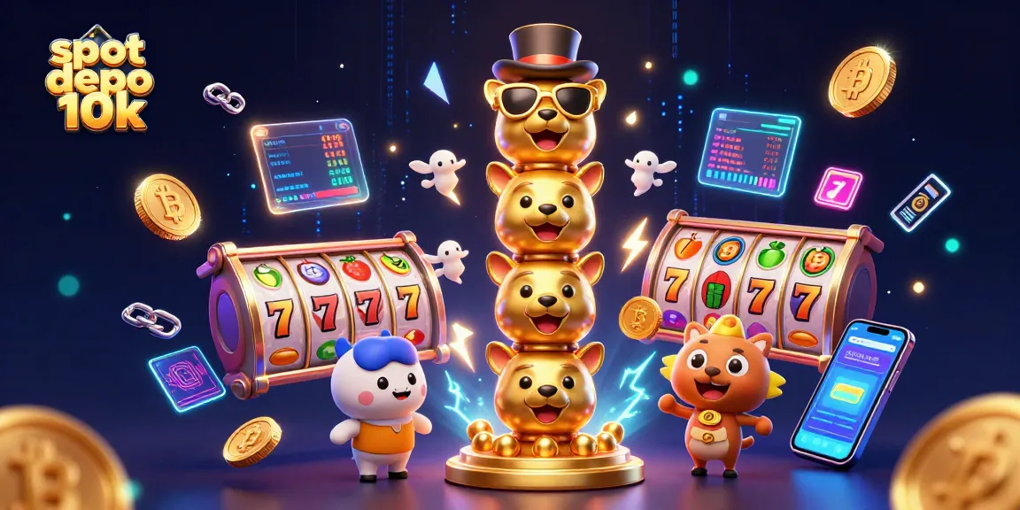 Menggambarkan slot depo 10k dengan totem emas 3D dan simbol kasino, menarik bagi para penjudi.