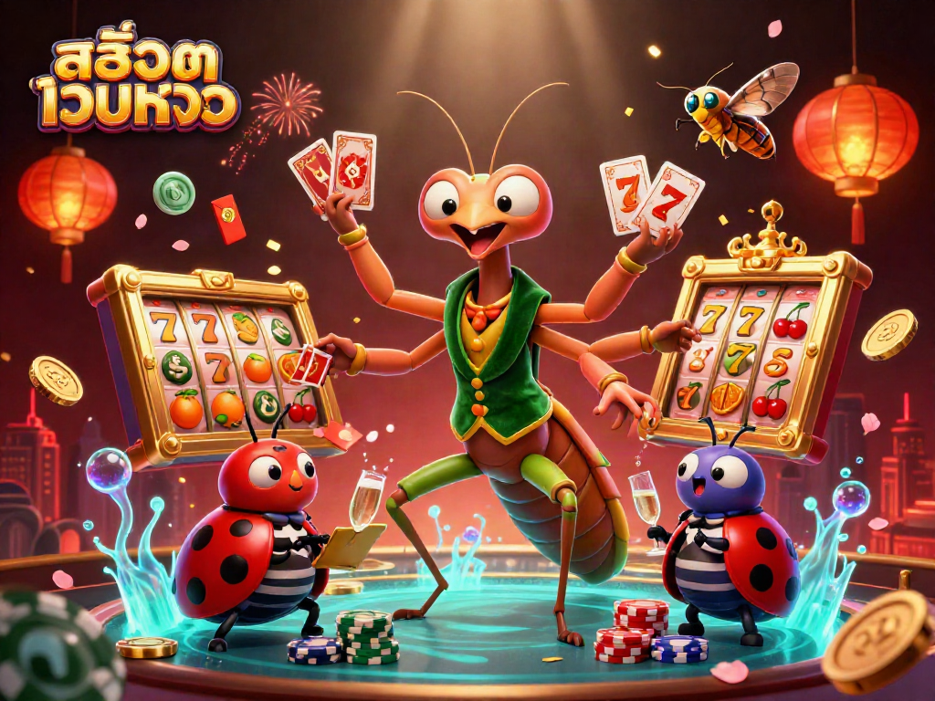Experience thrilling gameplay with สล็อตเว็บตรง as the praying mantis card sharp deals cards in a vibrant casino scene.