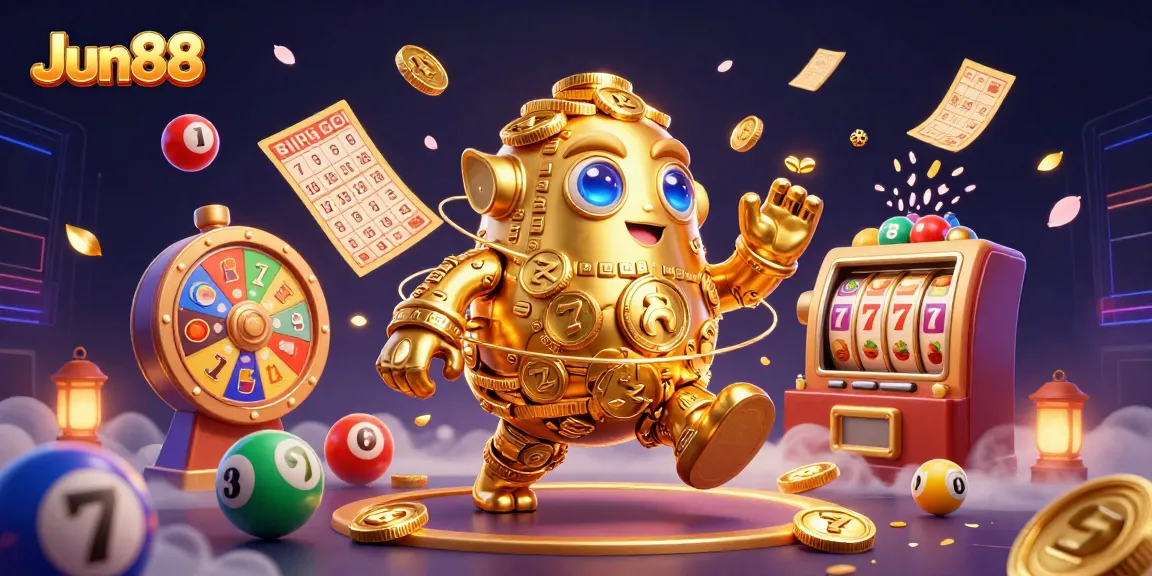 Experience thrilling gaming action with Jun88's vibrant casino universe and golden golem guardian.