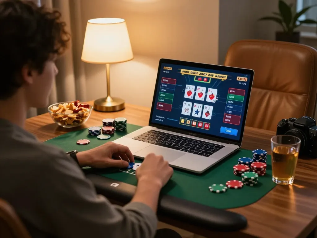 Engaged player explores หนังใหม่ชนโรง online poker game strategies at home setup.