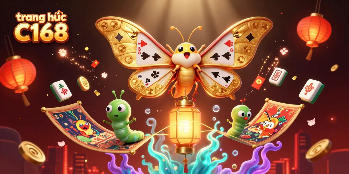 The illustration of trang chủ C168 showcases a vibrant, 3D casino scene filled with winning casino elements and characters.